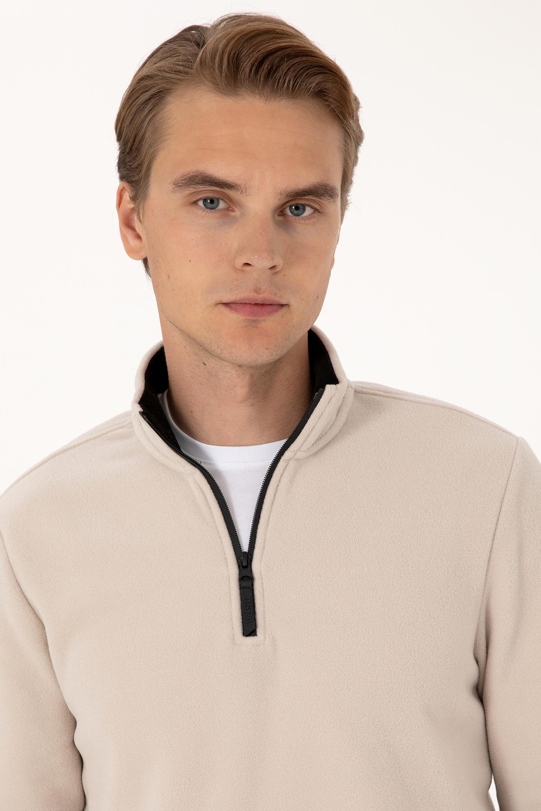 Erkek Regular Fit Taş Polar Yarım Fermuarlı Basic Sweatshirt