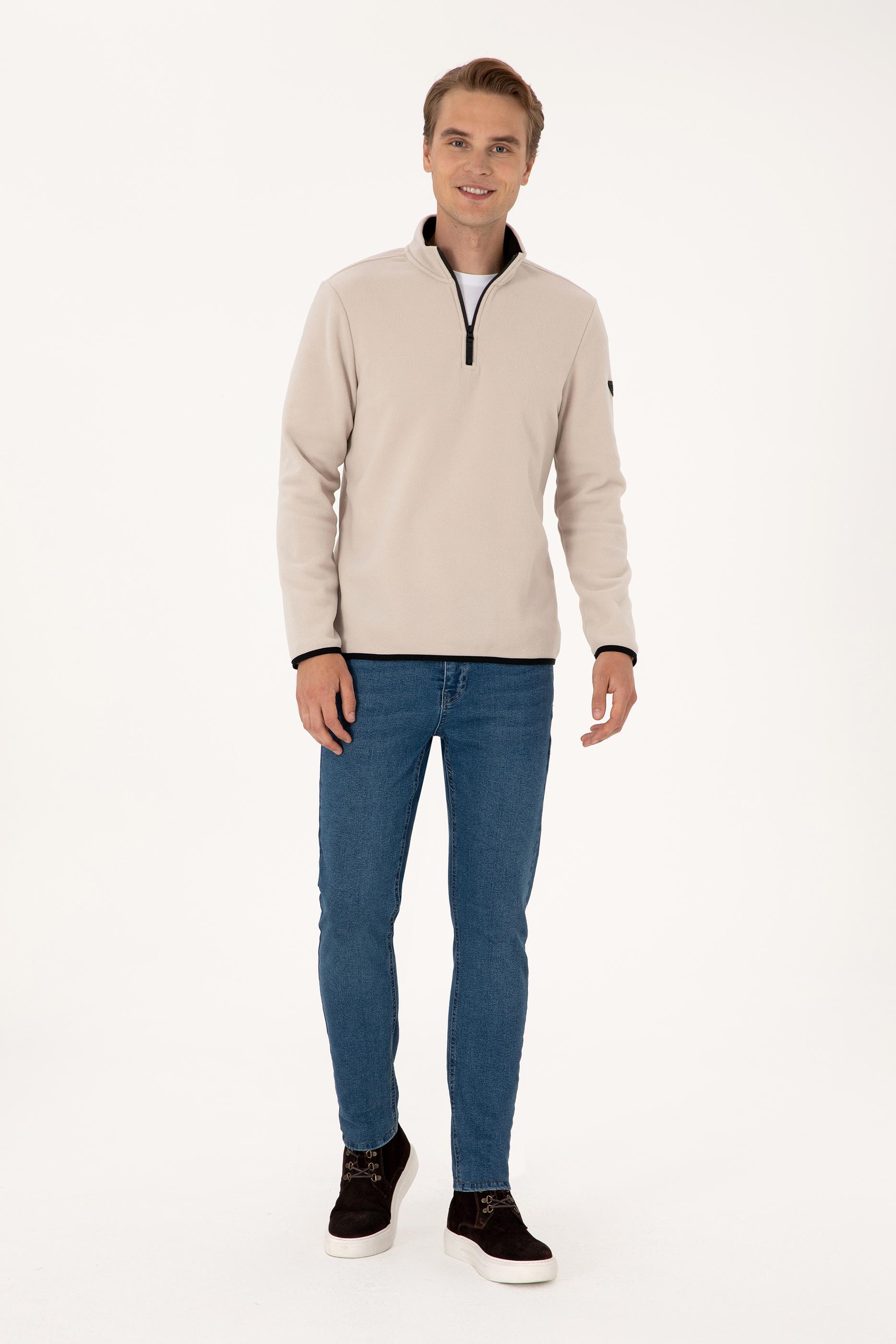 Erkek Regular Fit Taş Polar Yarım Fermuarlı Basic Sweatshirt