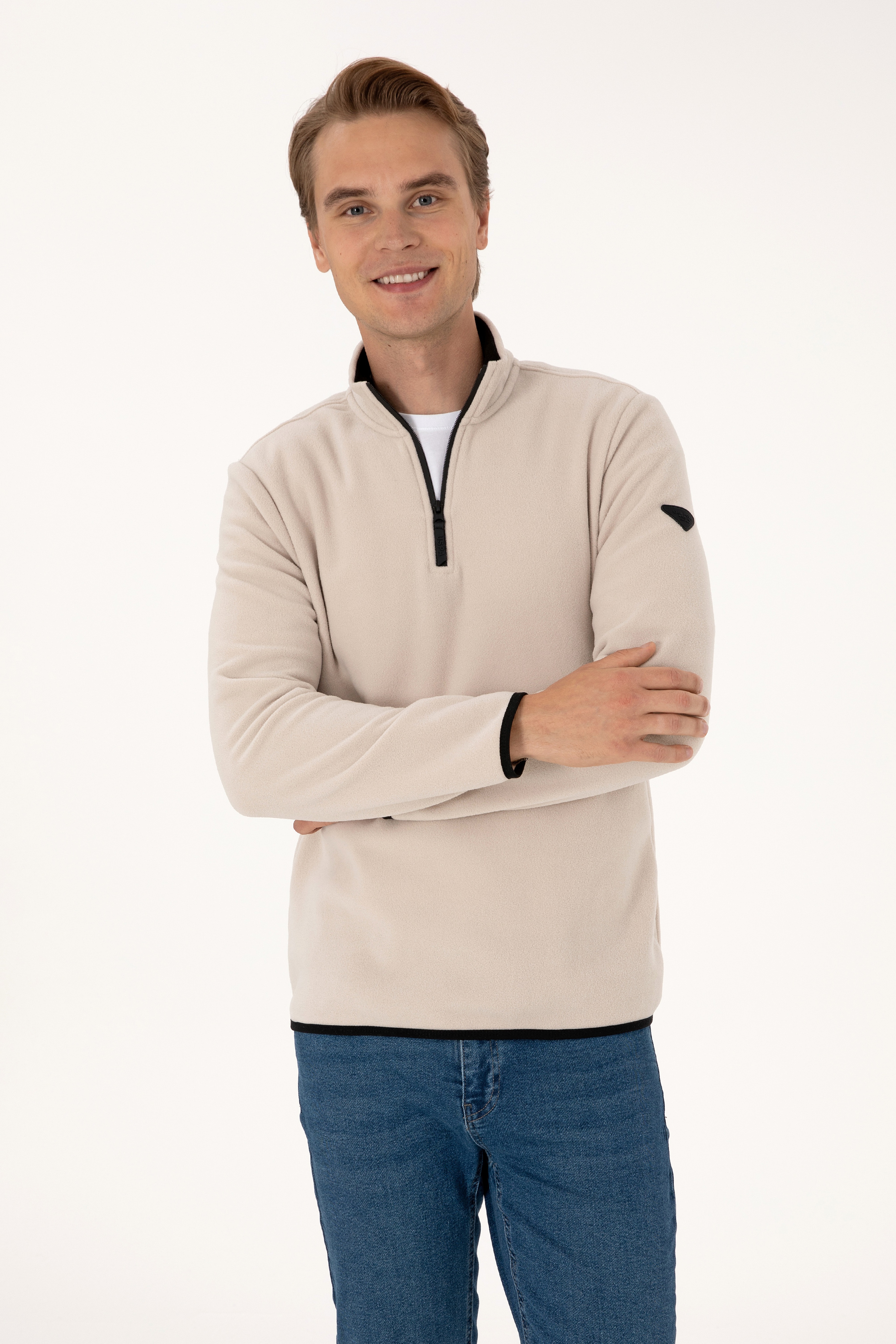 Erkek Regular Fit Taş Polar Yarım Fermuarlı Basic Sweatshirt