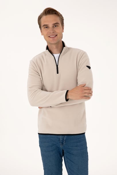 Erkek Regular Fit Taş Polar Yarım Fermuarlı Basic Sweatshirt