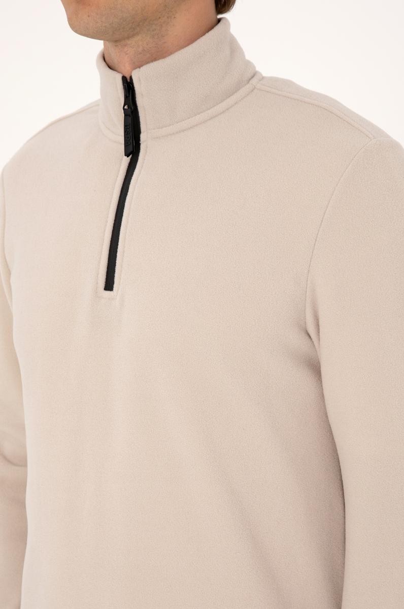 Erkek Regular Fit Taş Polar Yarım Fermuarlı Basic Sweatshirt