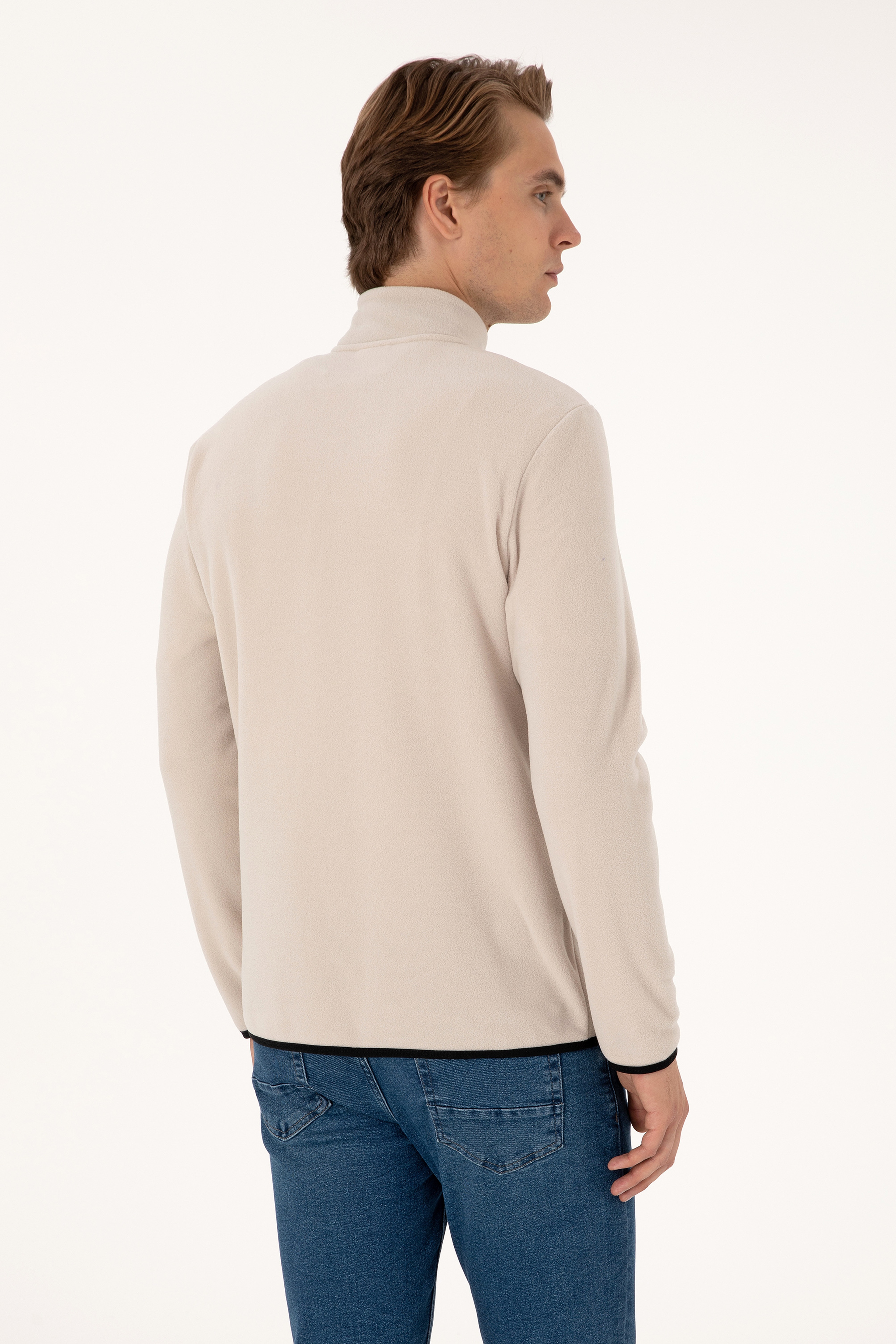 Erkek Regular Fit Taş Polar Yarım Fermuarlı Basic Sweatshirt - Image 5