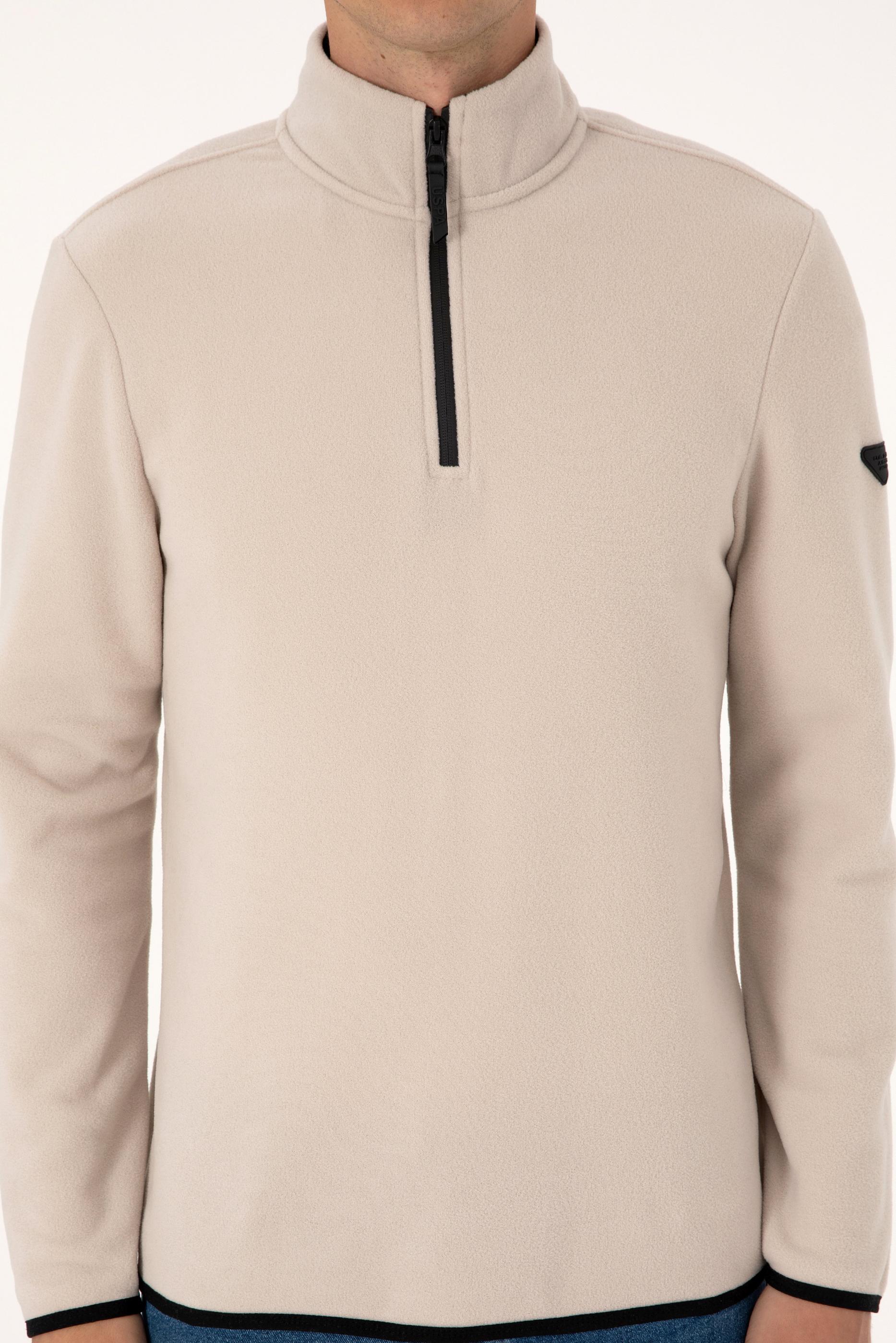 Erkek Regular Fit Taş Polar Yarım Fermuarlı Basic Sweatshirt