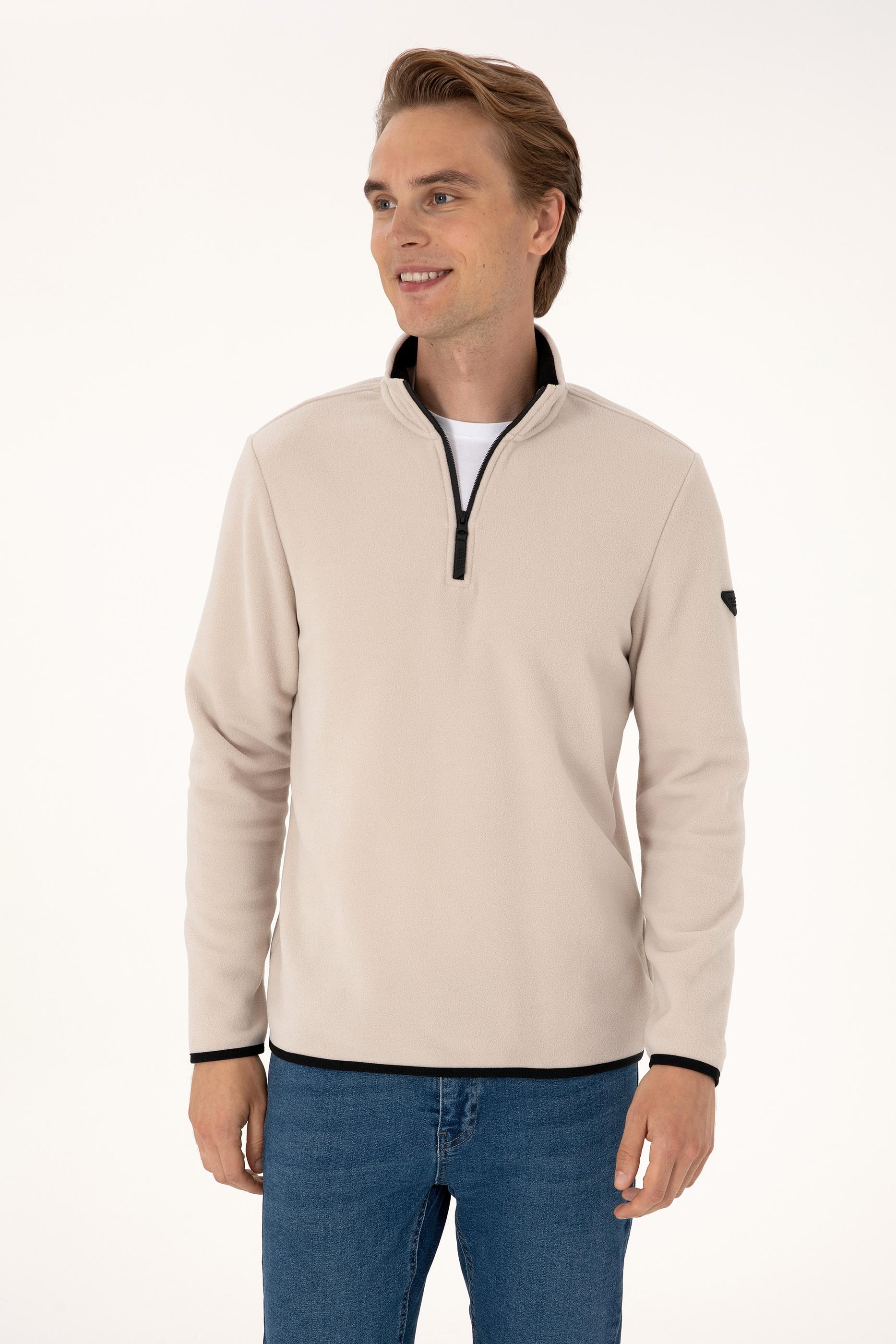 Erkek Regular Fit Taş Polar Yarım Fermuarlı Basic Sweatshirt