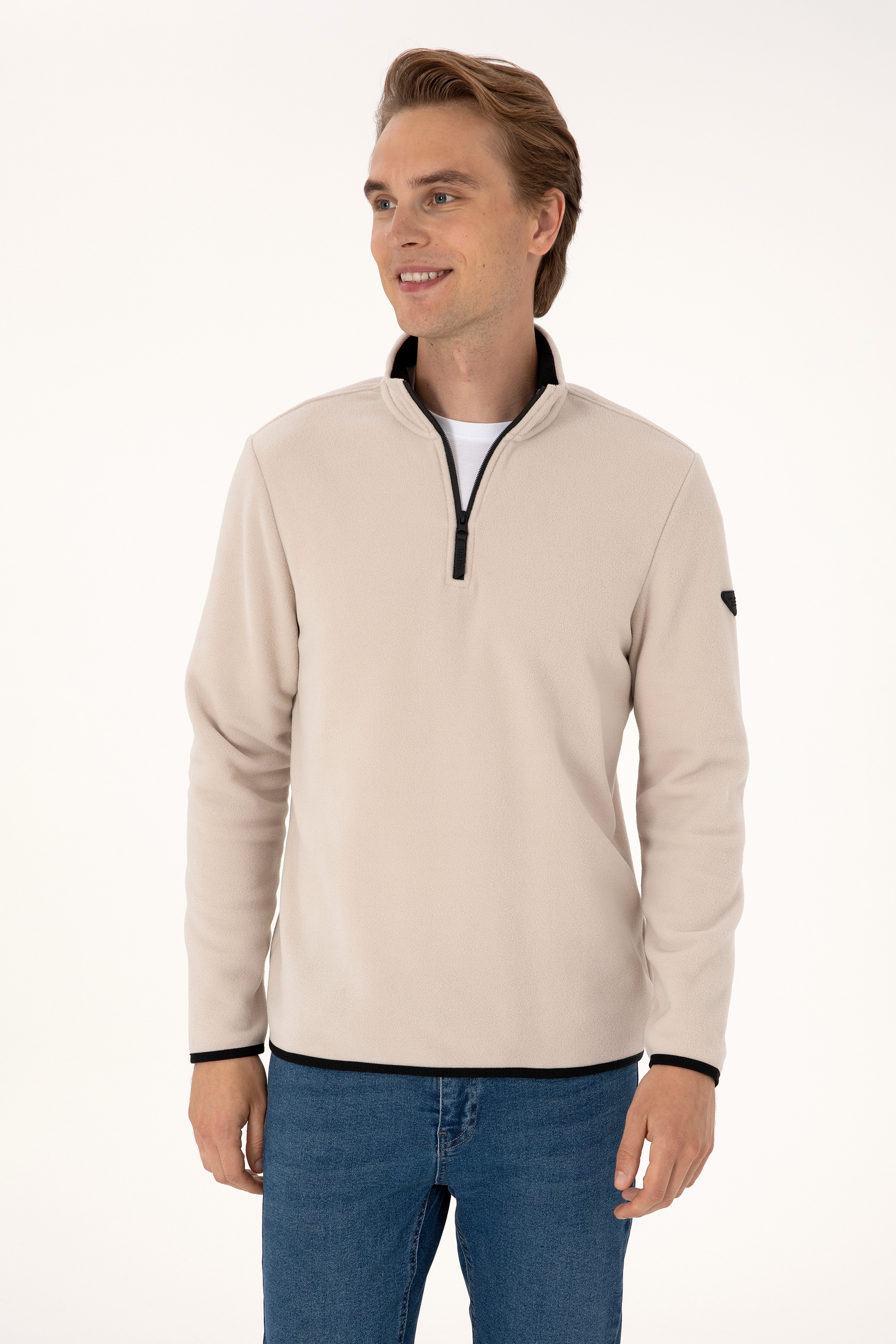 Erkek Regular Fit Taş Polar Yarım Fermuarlı Basic Sweatshirt - Image 1