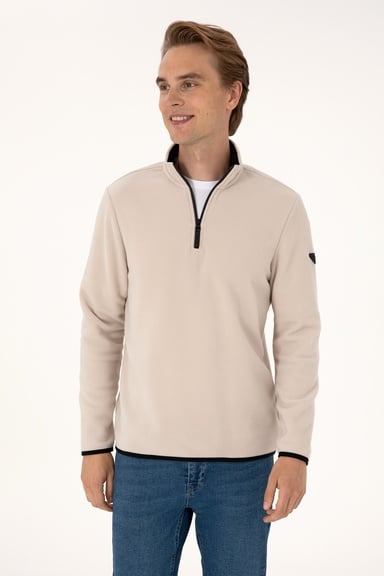 Erkek Regular Fit Taş Polar Yarım Fermuarlı Basic Sweatshirt