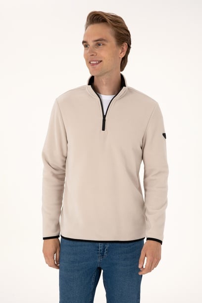 Erkek Regular Fit Taş Polar Yarım Fermuarlı Basic Sweatshirt