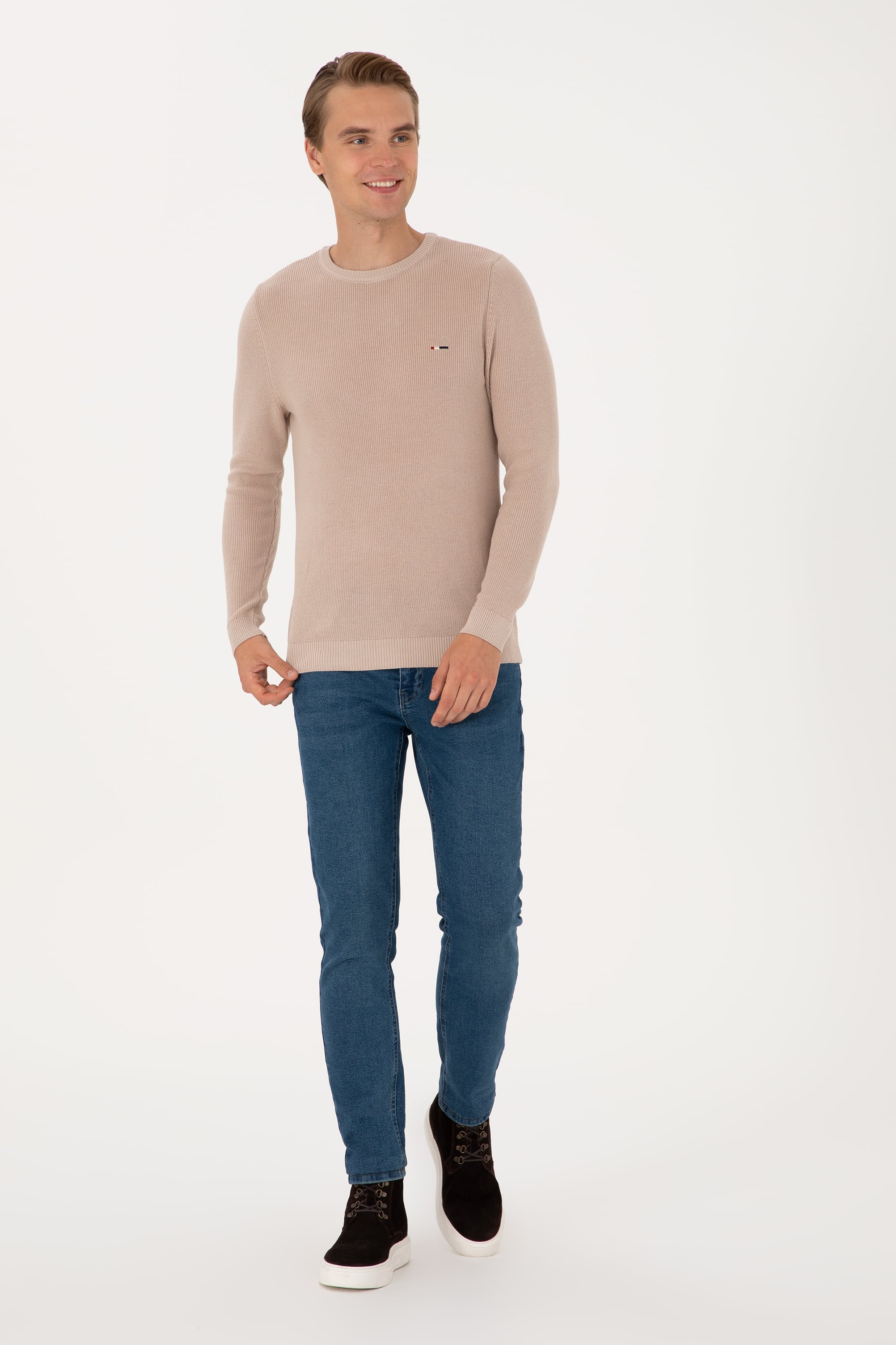 Erkek Slim Fit Bisiklet Yaka Taş Basic Kazak