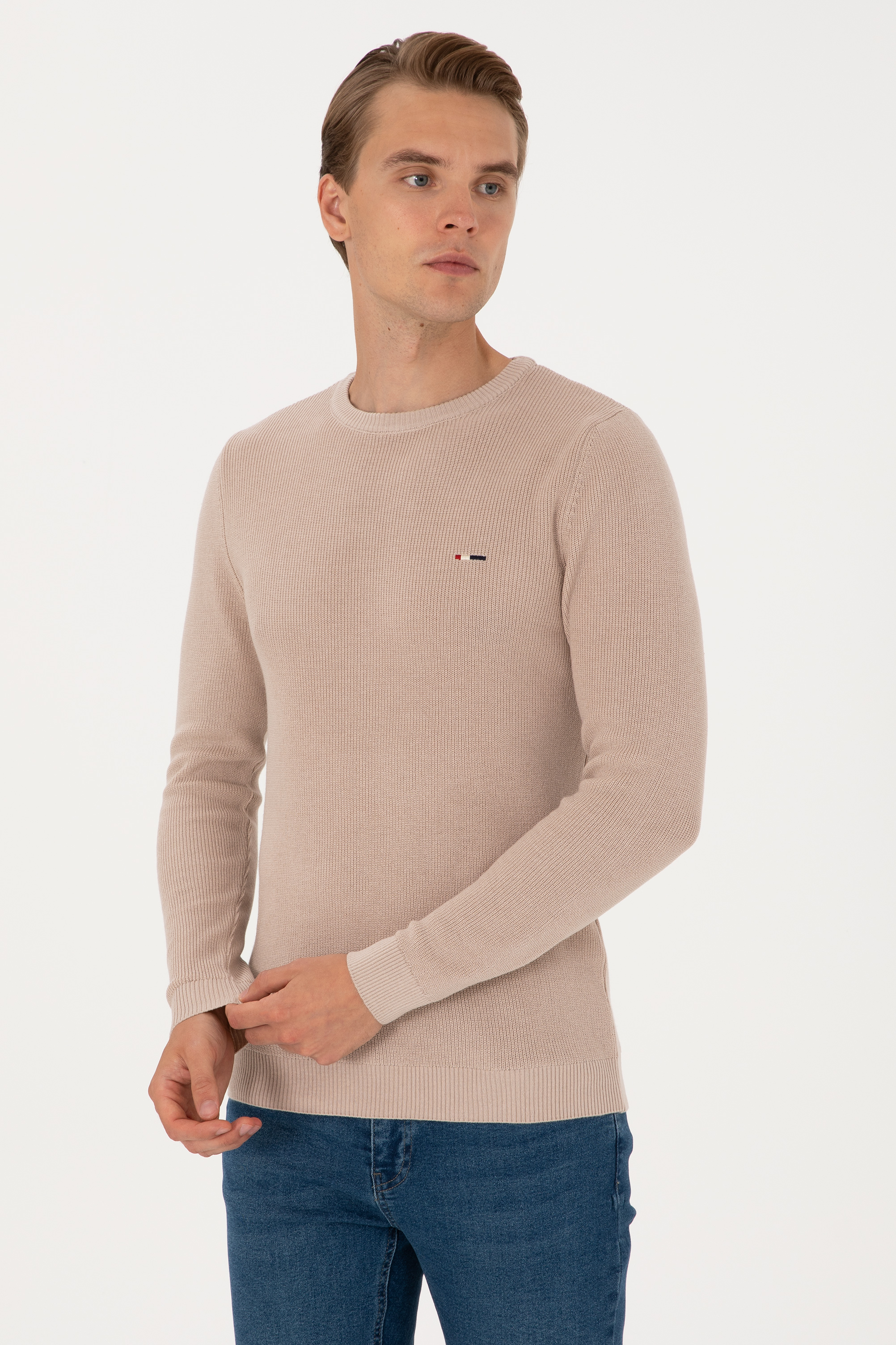 Erkek Slim Fit Bisiklet Yaka Taş Basic Kazak