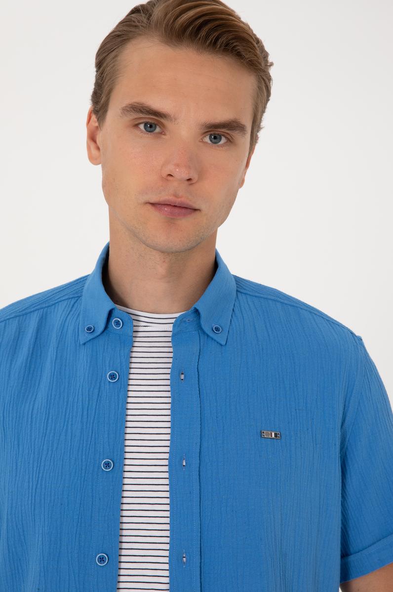Erkek İndigo Kısa Kollu Gömlek