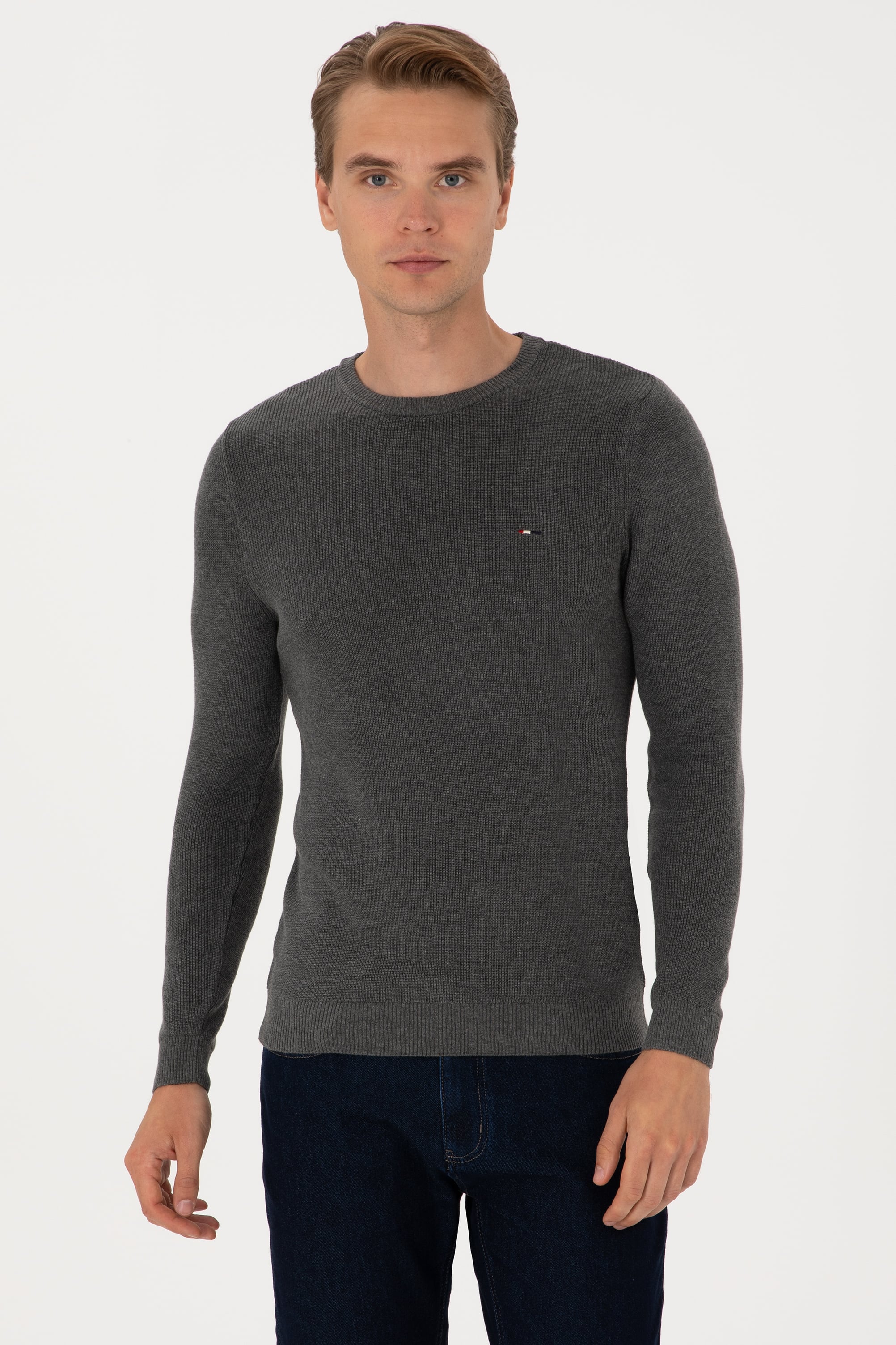 Erkek Slim Fit Bisiklet Yaka Antrasit Melanj Basic Kazak - Image 1