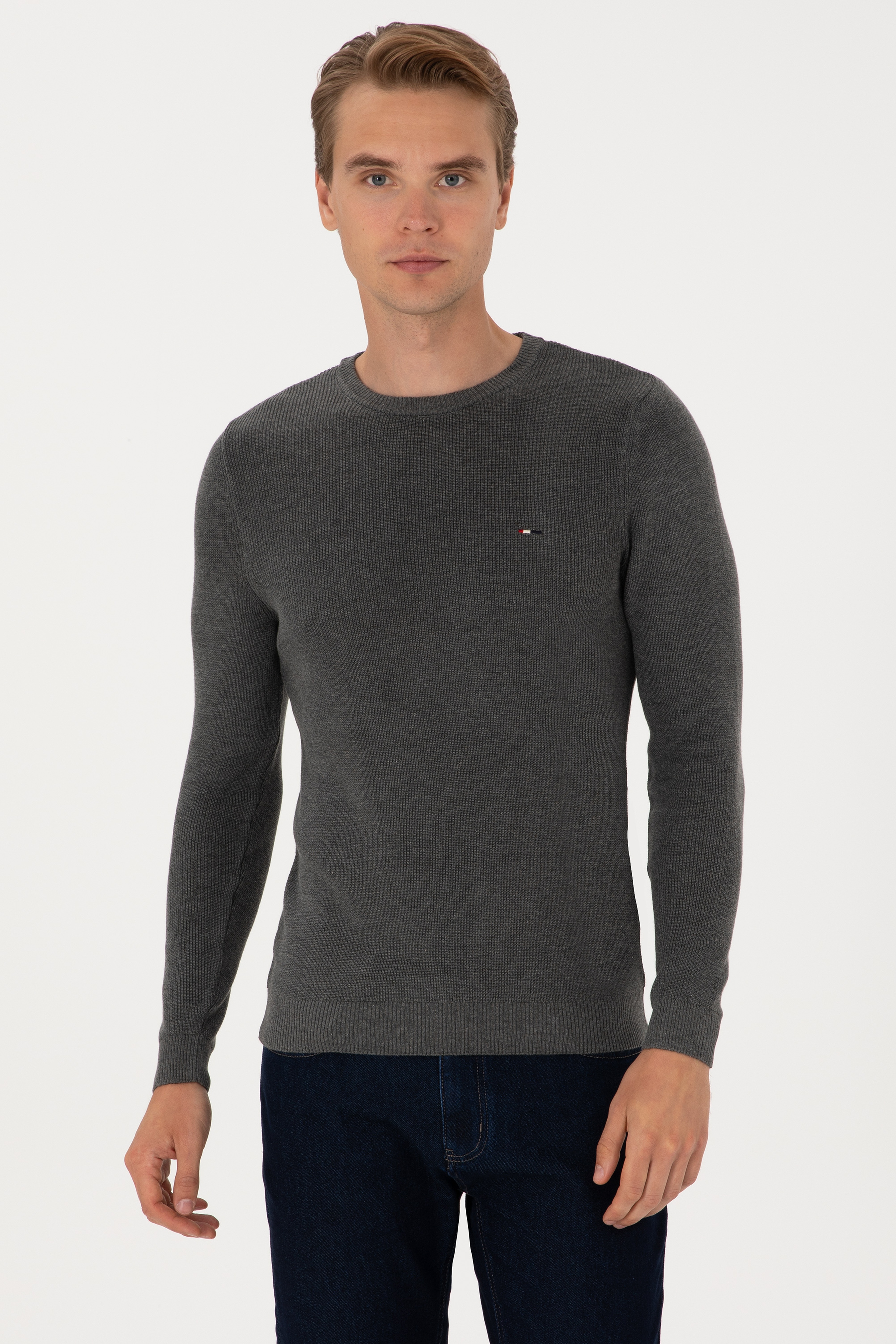 Erkek Slim Fit Bisiklet Yaka Antrasit Melanj Basic Kazak