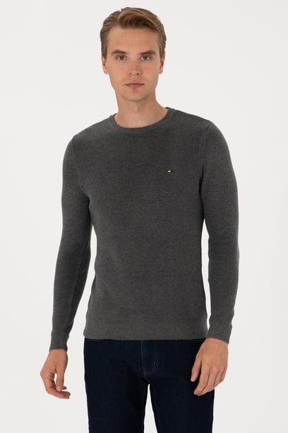 Erkek Slim Fit Bisiklet Yaka Antrasit Melanj Basic Kazak