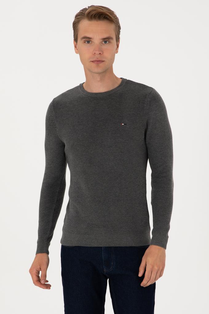 Erkek Slim Fit Bisiklet Yaka Antrasit Melanj Basic Kazak