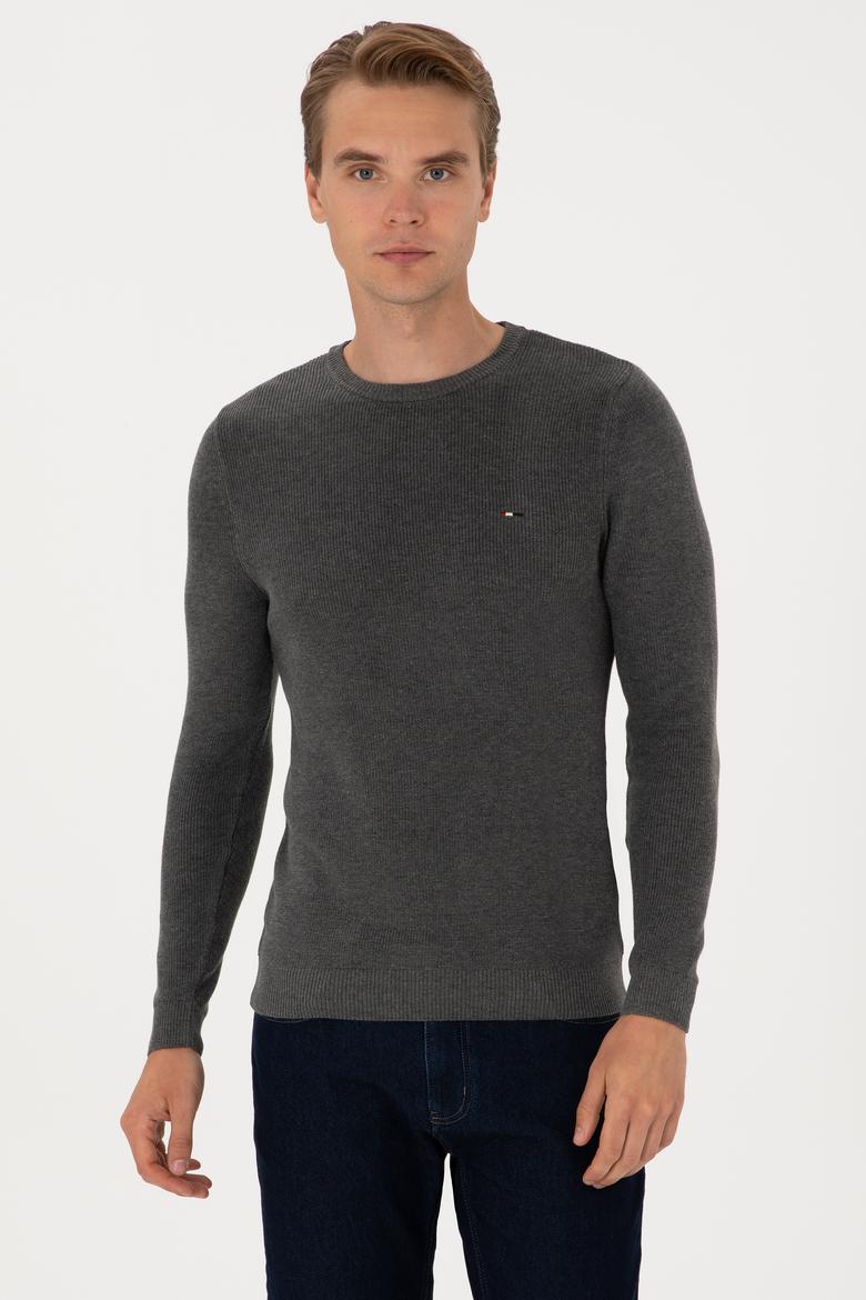 Erkek Slim Fit Bisiklet Yaka Antrasit Melanj Basic Kazak