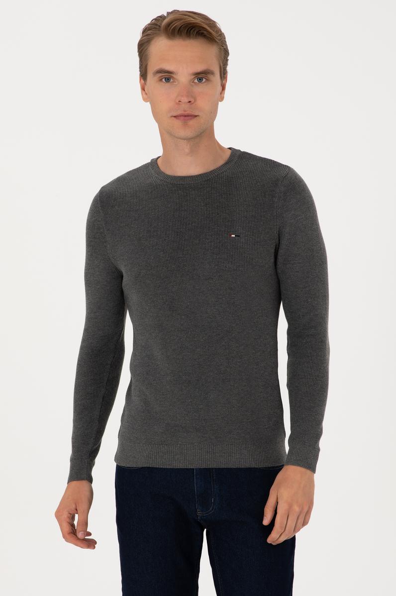 Erkek Slim Fit Bisiklet Yaka Antrasit Melanj Basic Kazak