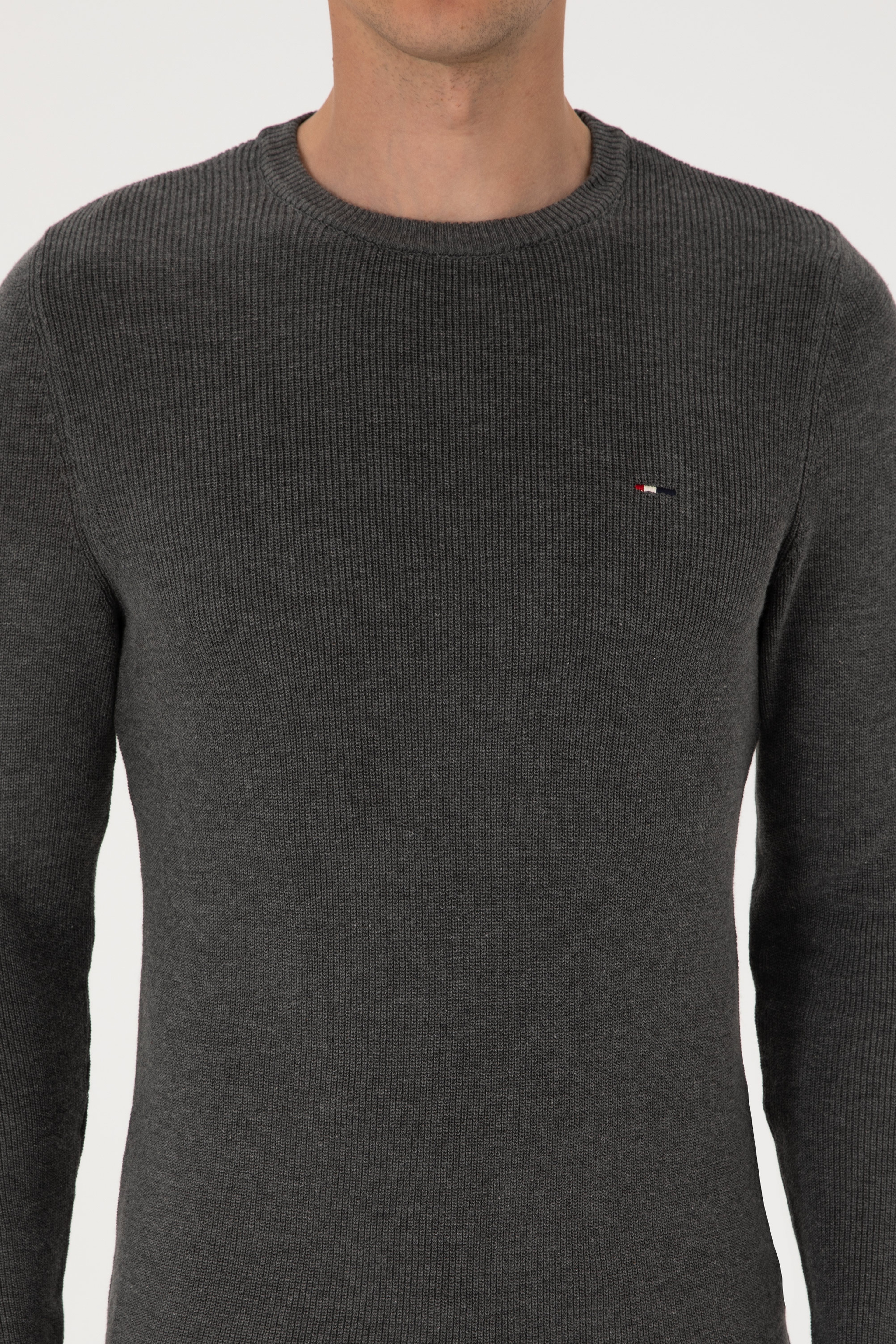Erkek Slim Fit Bisiklet Yaka Antrasit Melanj Basic Kazak - Image 6
