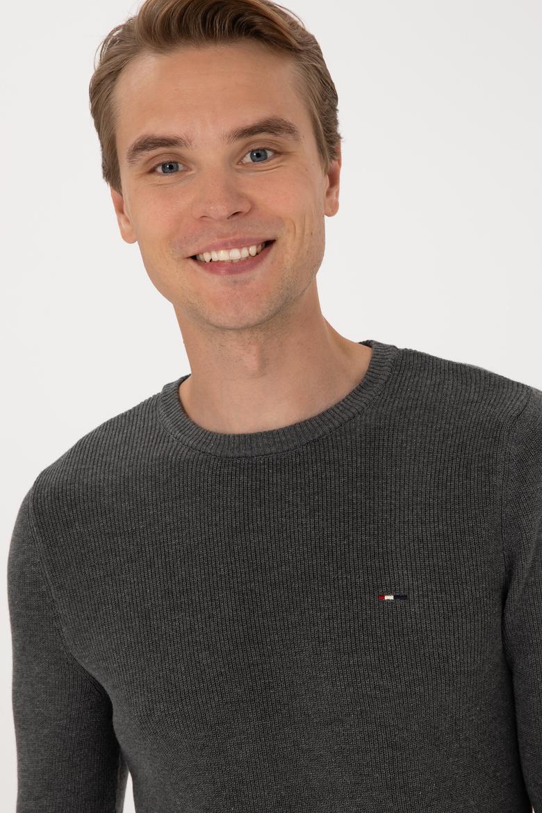 Erkek Slim Fit Bisiklet Yaka Antrasit Melanj Basic Kazak - 50313667017