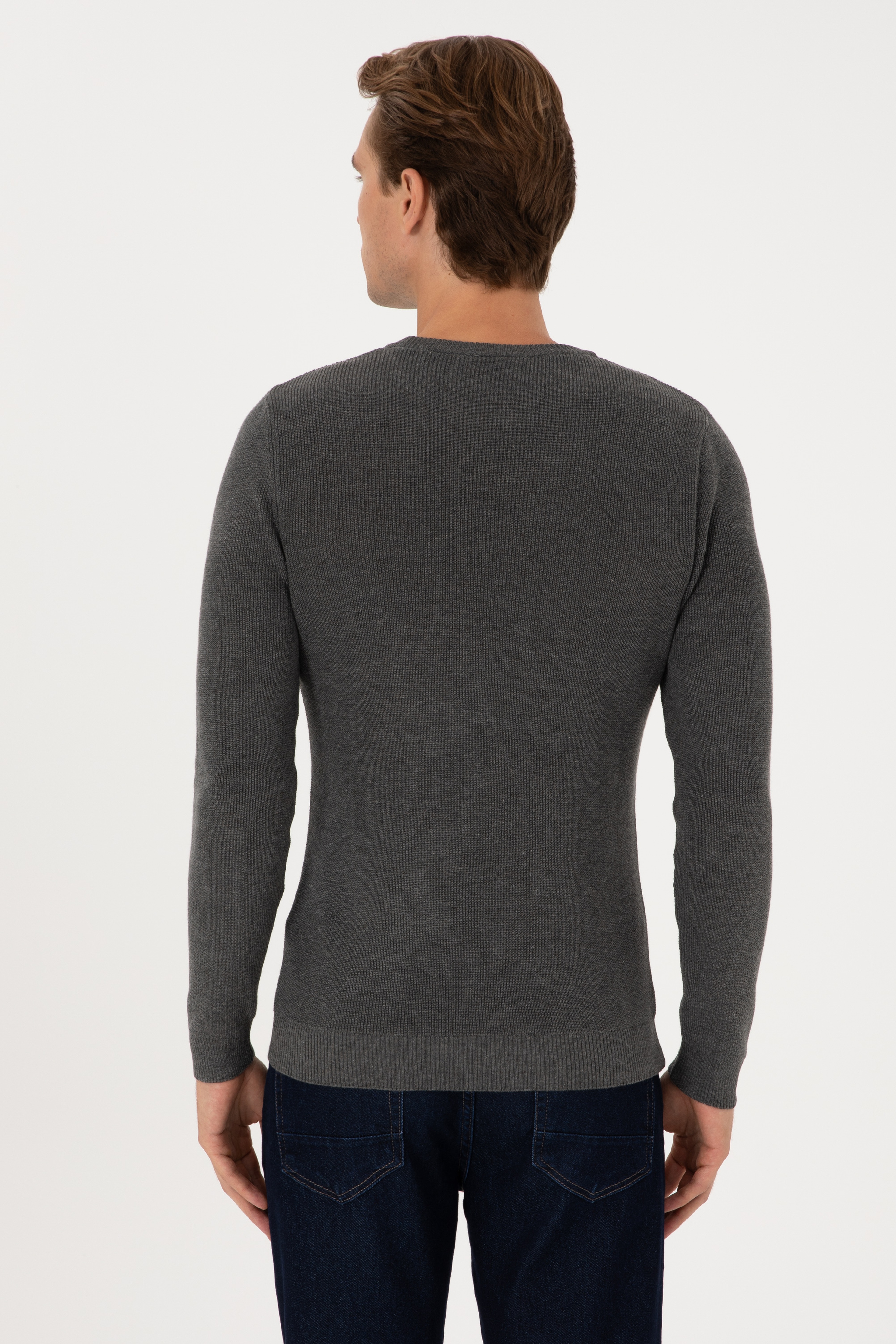 Erkek Slim Fit Bisiklet Yaka Antrasit Melanj Basic Kazak