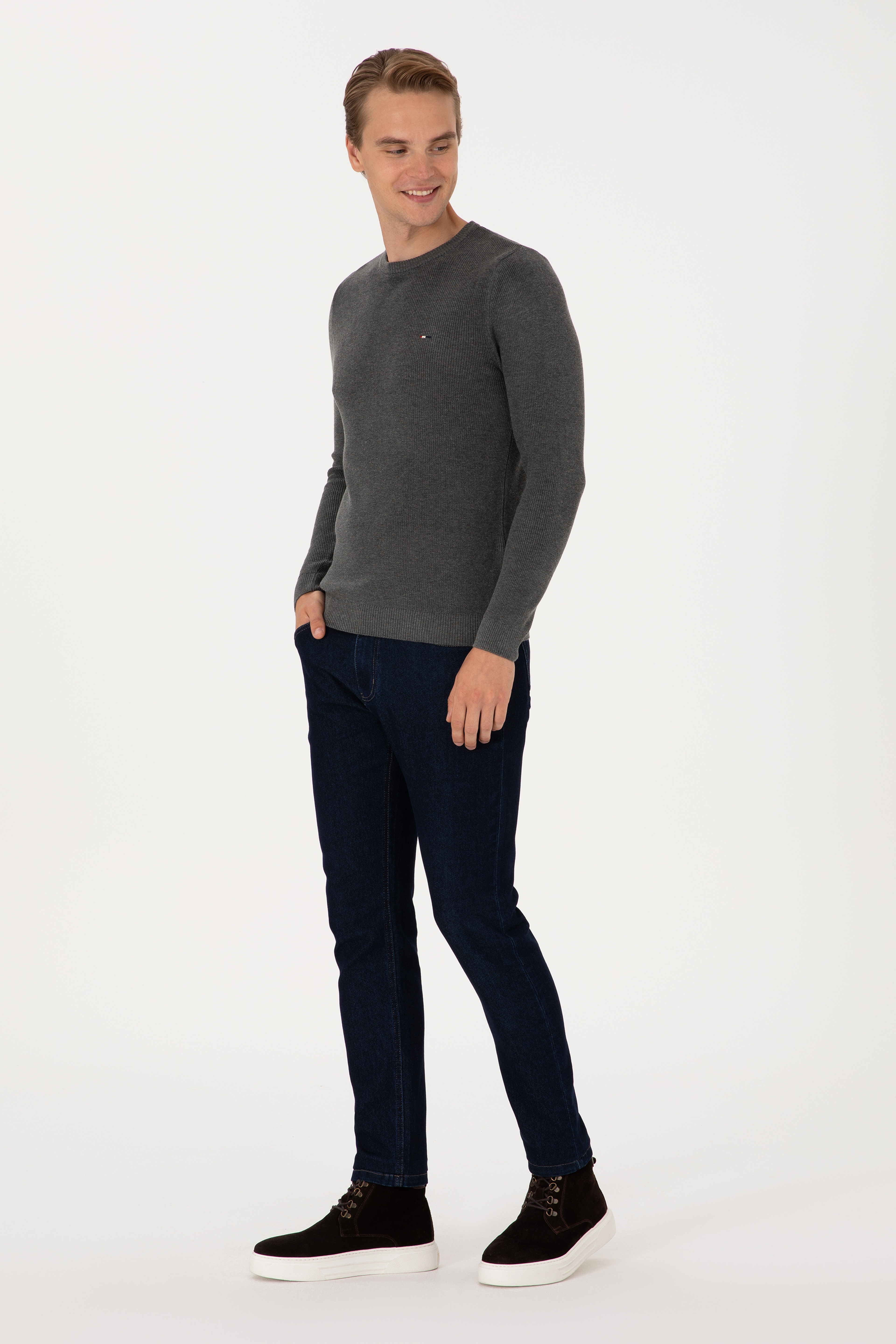 Erkek Slim Fit Bisiklet Yaka Antrasit Melanj Basic Kazak