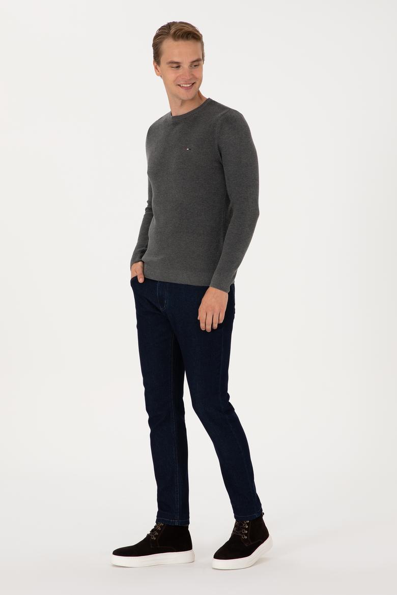 Erkek Slim Fit Bisiklet Yaka Antrasit Melanj Basic Kazak - 50313667017