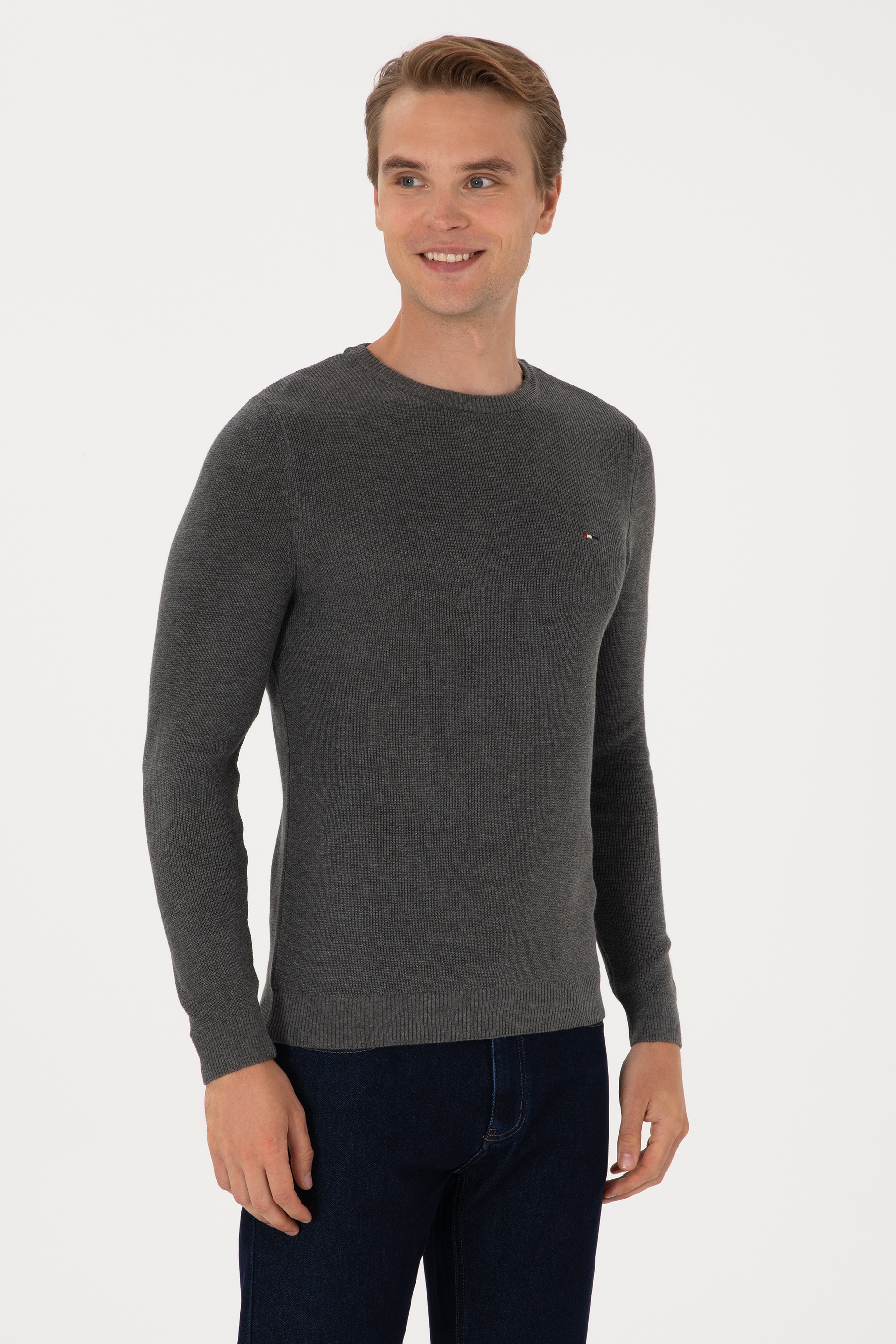 Erkek Slim Fit Bisiklet Yaka Antrasit Melanj Basic Kazak - Image 3