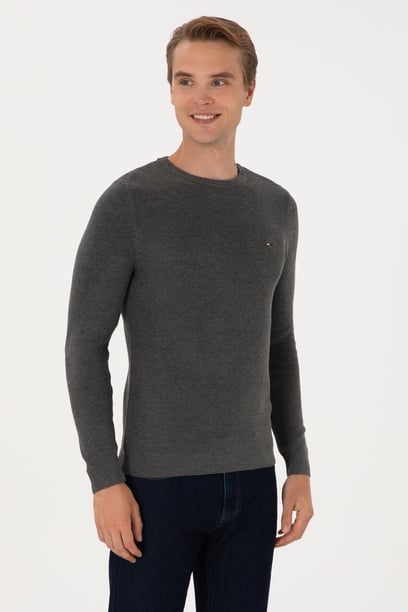 Erkek Slim Fit Bisiklet Yaka Antrasit Melanj Basic Kazak