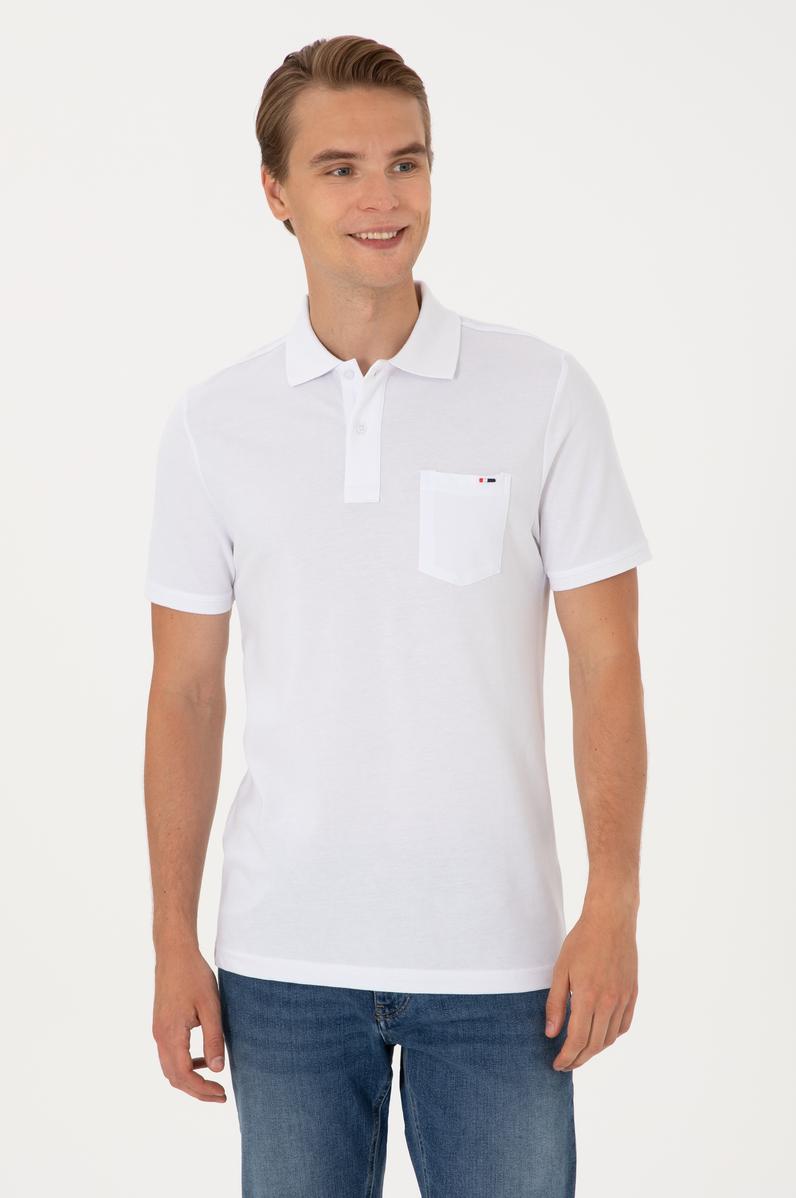 Erkek Regular Fit Polo Yaka Beyaz Cepli Tişört
