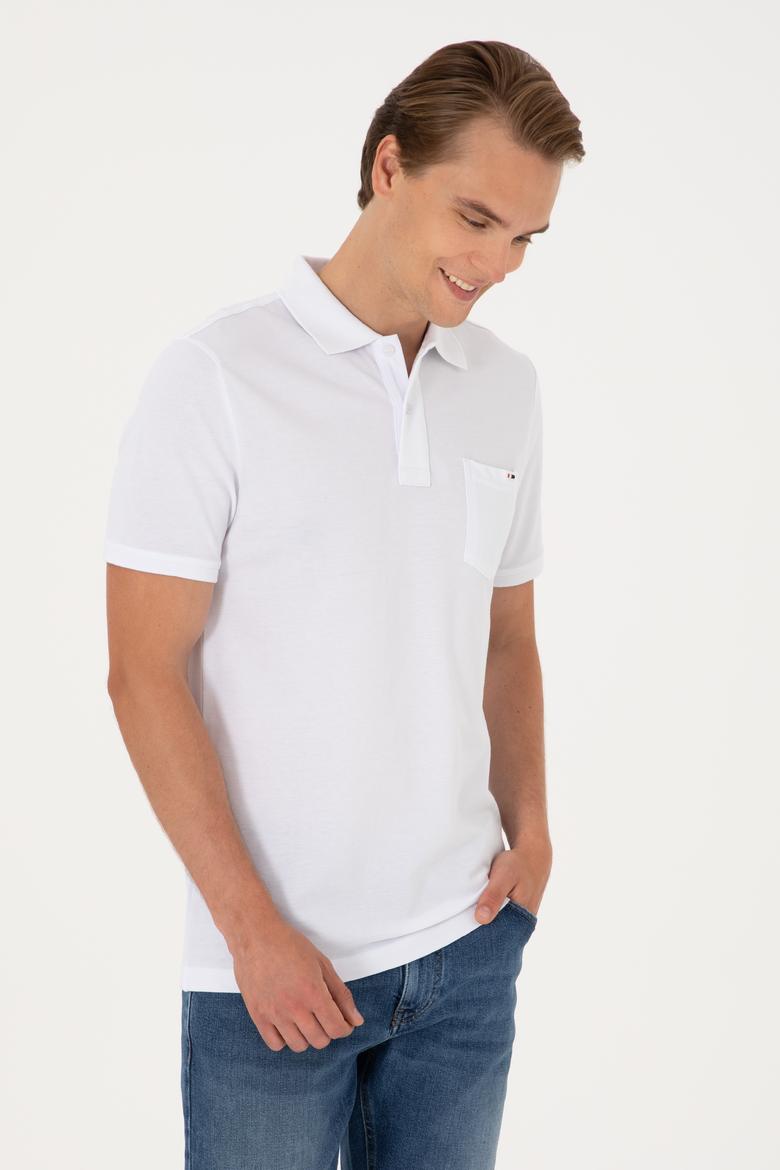 Erkek Regular Fit Polo Yaka Beyaz Cepli Tişört - 50306818017