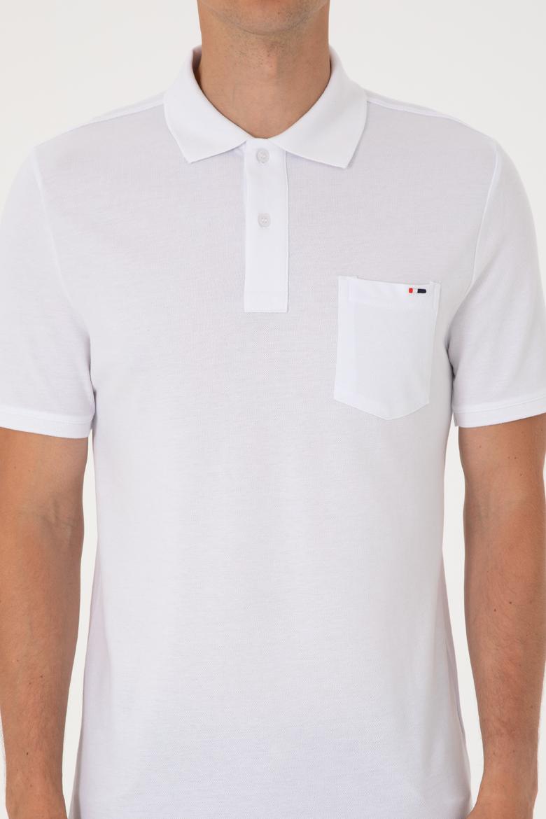 Erkek Regular Fit Polo Yaka Beyaz Cepli Tişört - 50306818017