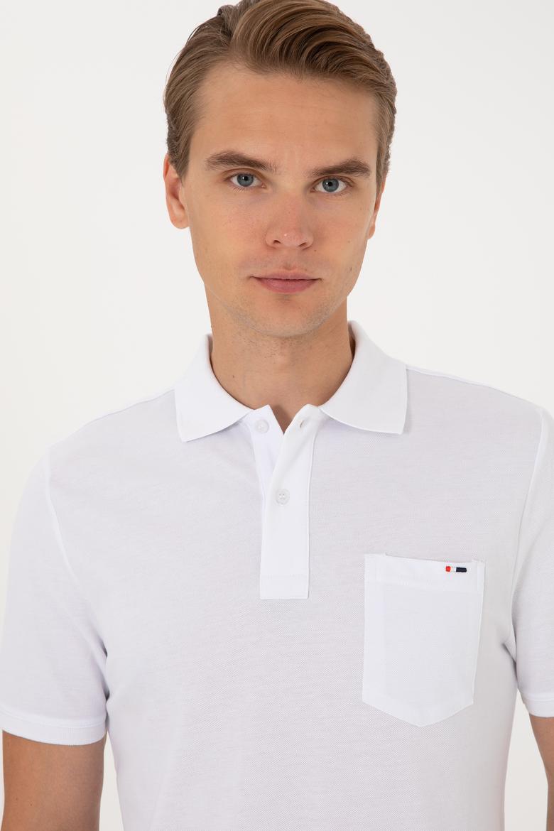 Erkek Regular Fit Polo Yaka Beyaz Cepli Tişört - 50306818017