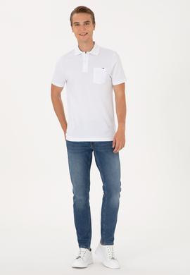 Erkek Regular Fit Polo Yaka Beyaz Cepli Tişört - 50306818017