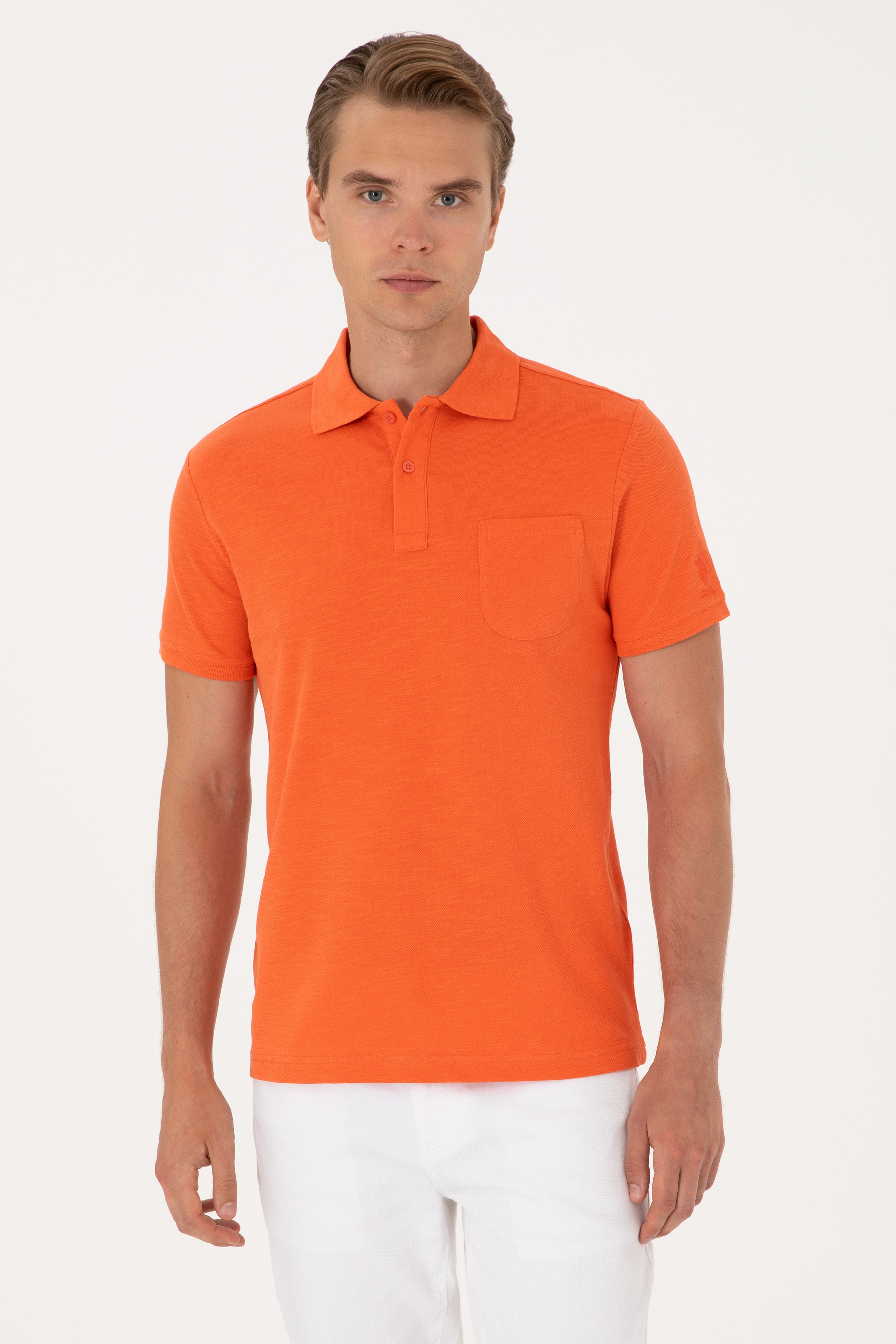 Erkek Slim Fit Polo Yaka Nar Çiçeği Tişört - Image 1