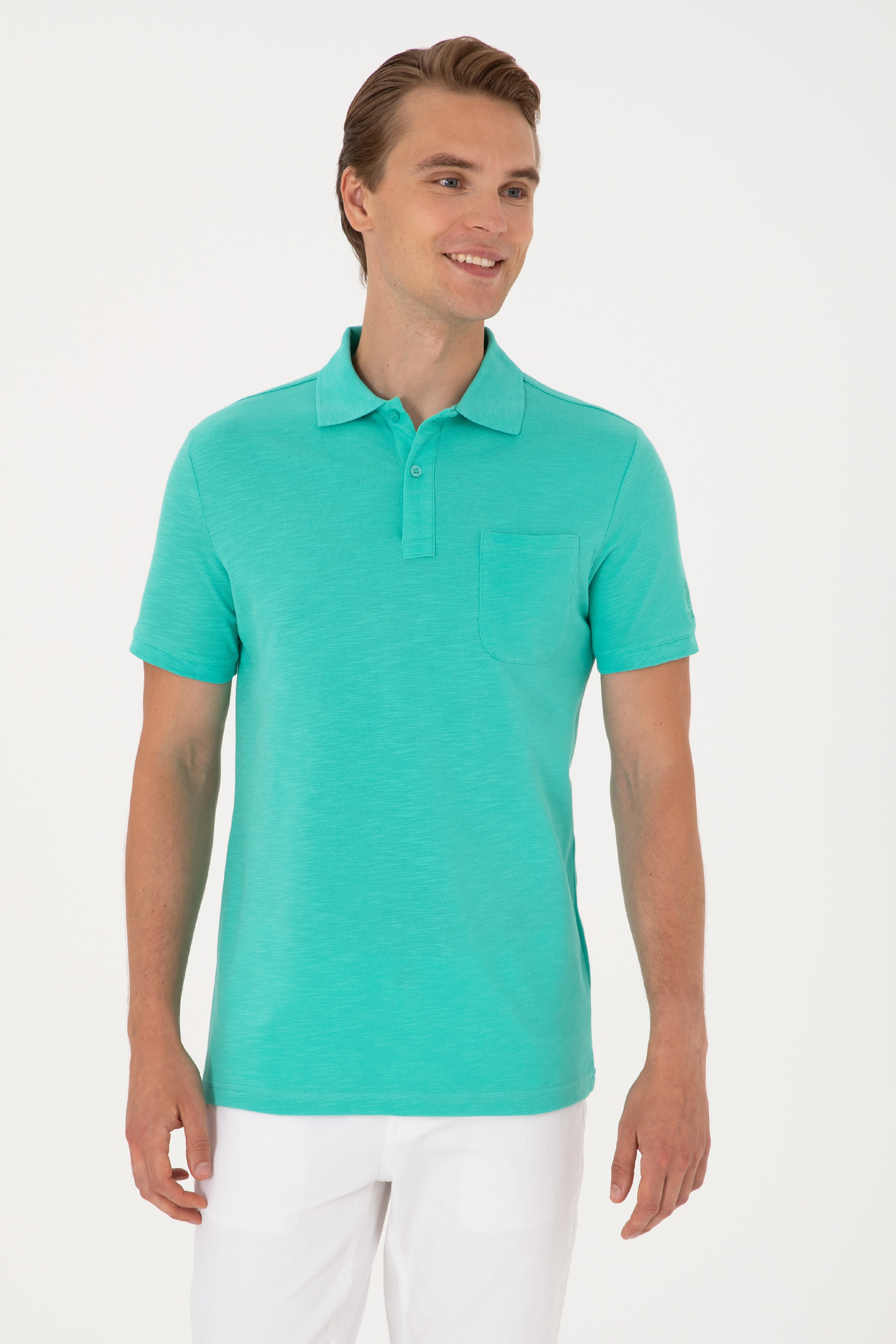 Erkek Slim Fit Polo Yaka Mint Tişört - Image 1