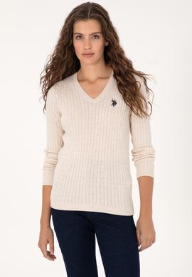 Kadın Krem Melanj V Yaka Basic Kazak - 50313625008