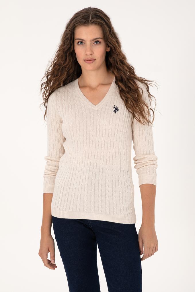 Kadın Krem Melanj V Yaka Basic Kazak