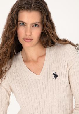 Kadın Krem Melanj V Yaka Basic Kazak - 50313625008