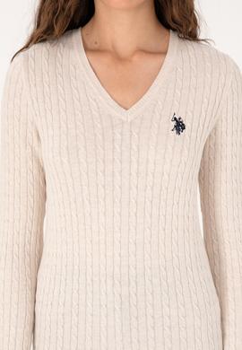 Kadın Krem Melanj V Yaka Basic Kazak - 50313625008