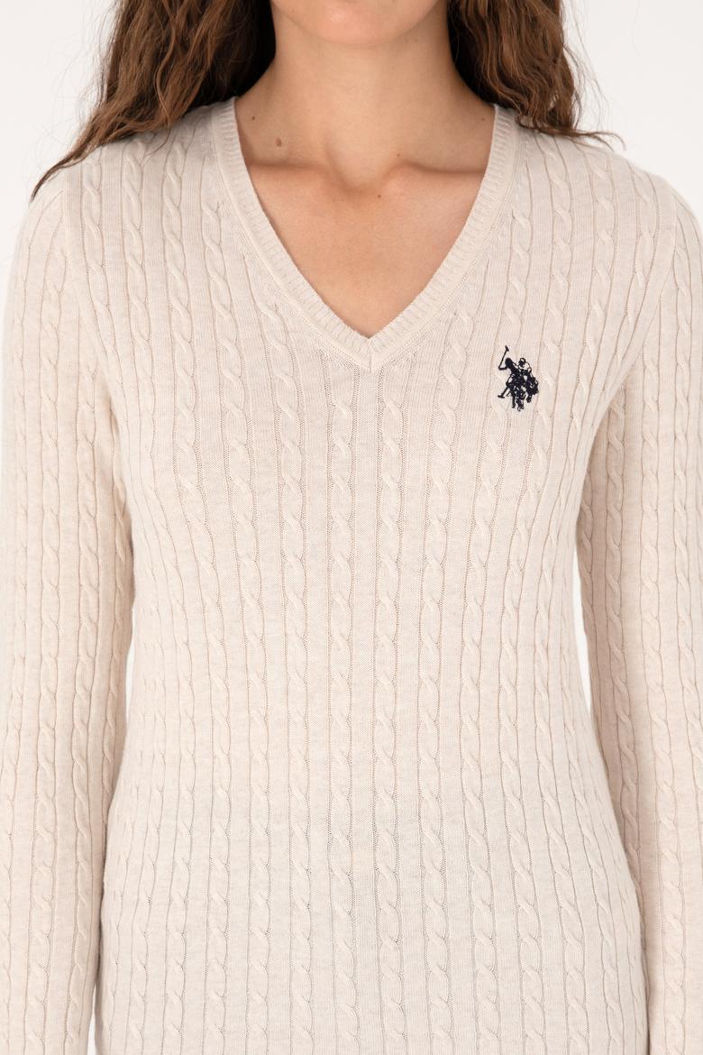 Kadın Krem Melanj V Yaka Basic Kazak - 50313625008