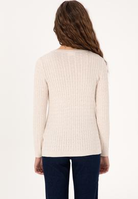Kadın Krem Melanj V Yaka Basic Kazak - 50313625008