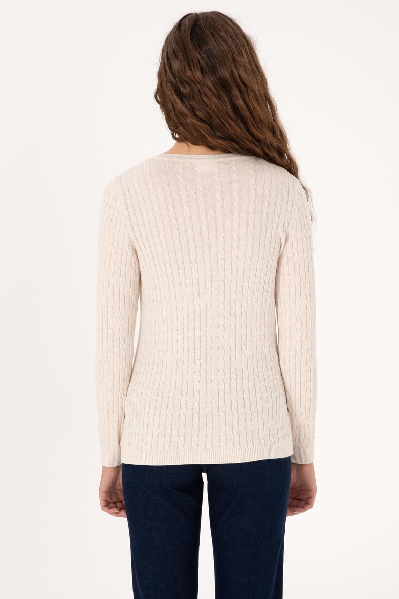 Kadın Krem Melanj V Yaka Basic Kazak - 50313625008