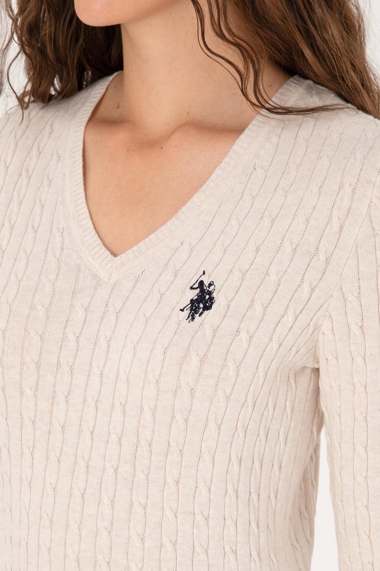 Kadın Krem Melanj V Yaka Basic Kazak - 50313625008