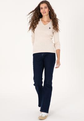 Kadın Krem Melanj V Yaka Basic Kazak - 50313625008