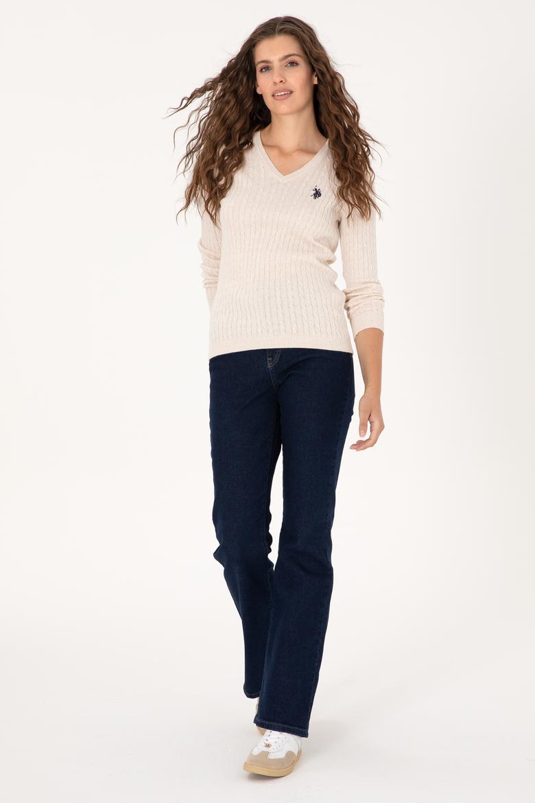 Kadın Krem Melanj V Yaka Basic Kazak - 50313625008
