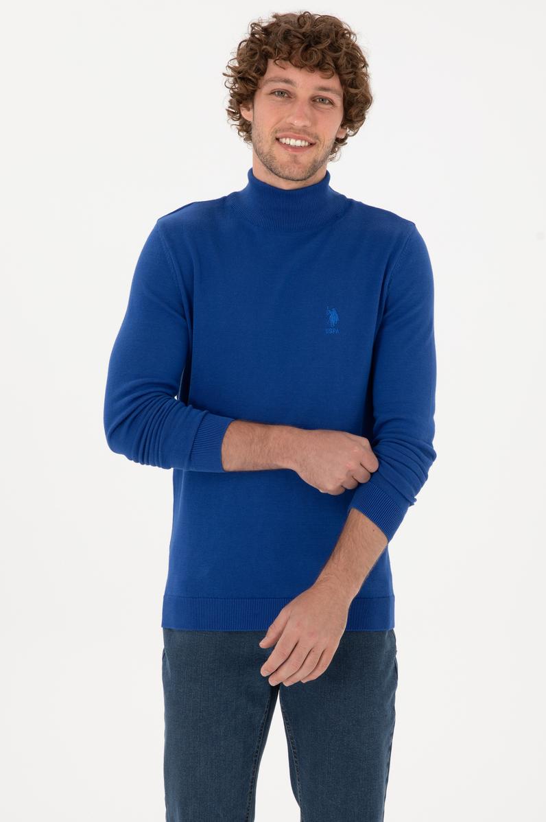 Erkek Slim Fit Yarım Balıkçı Yaka Saks Kazak