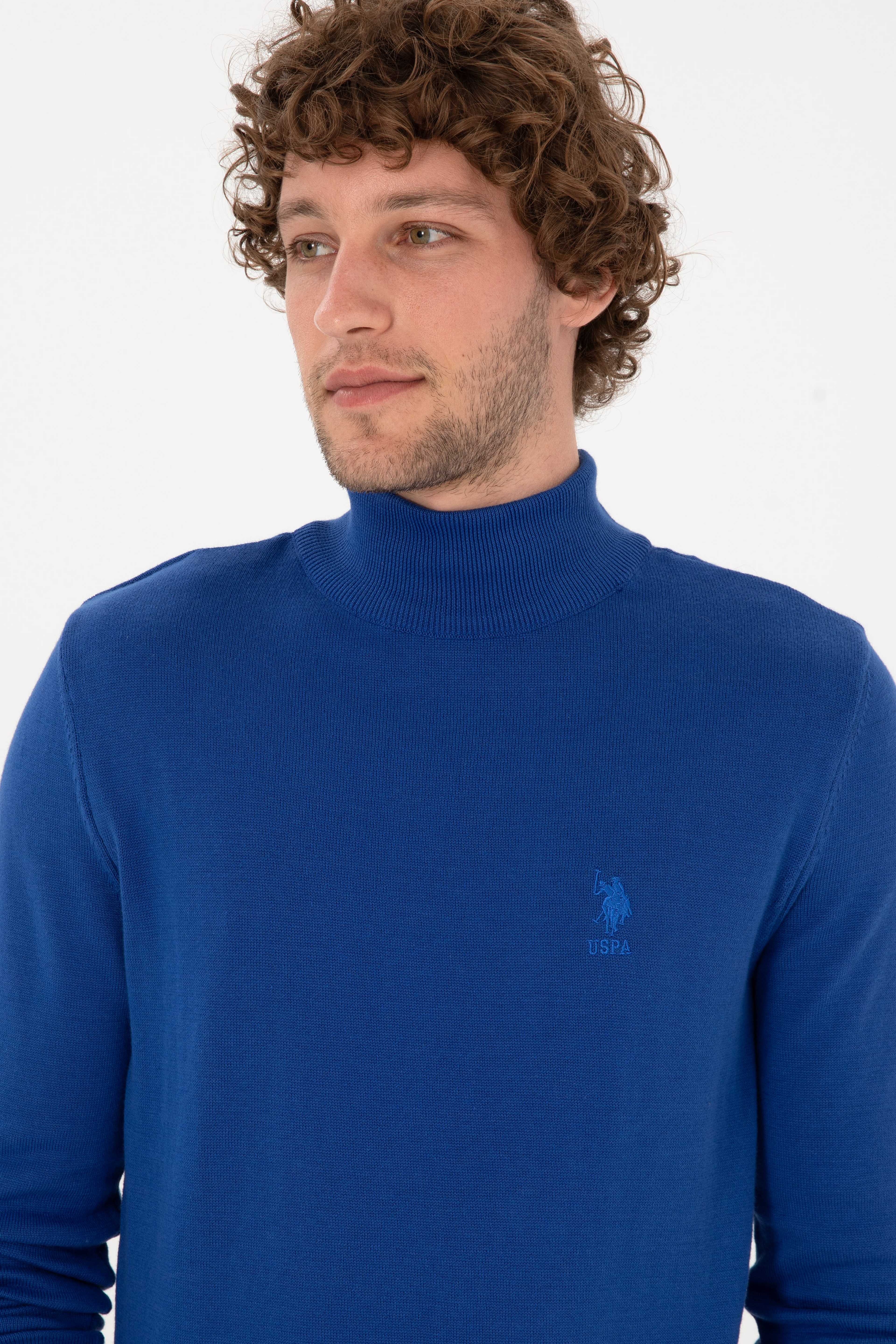 Erkek Slim Fit Yarım Balıkçı Yaka Saks Kazak