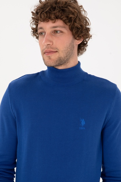 Erkek Slim Fit Yarım Balıkçı Yaka Saks Kazak