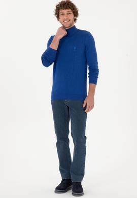 Erkek Slim Fit Yarım Balıkçı Yaka Saks Kazak - 50288887001