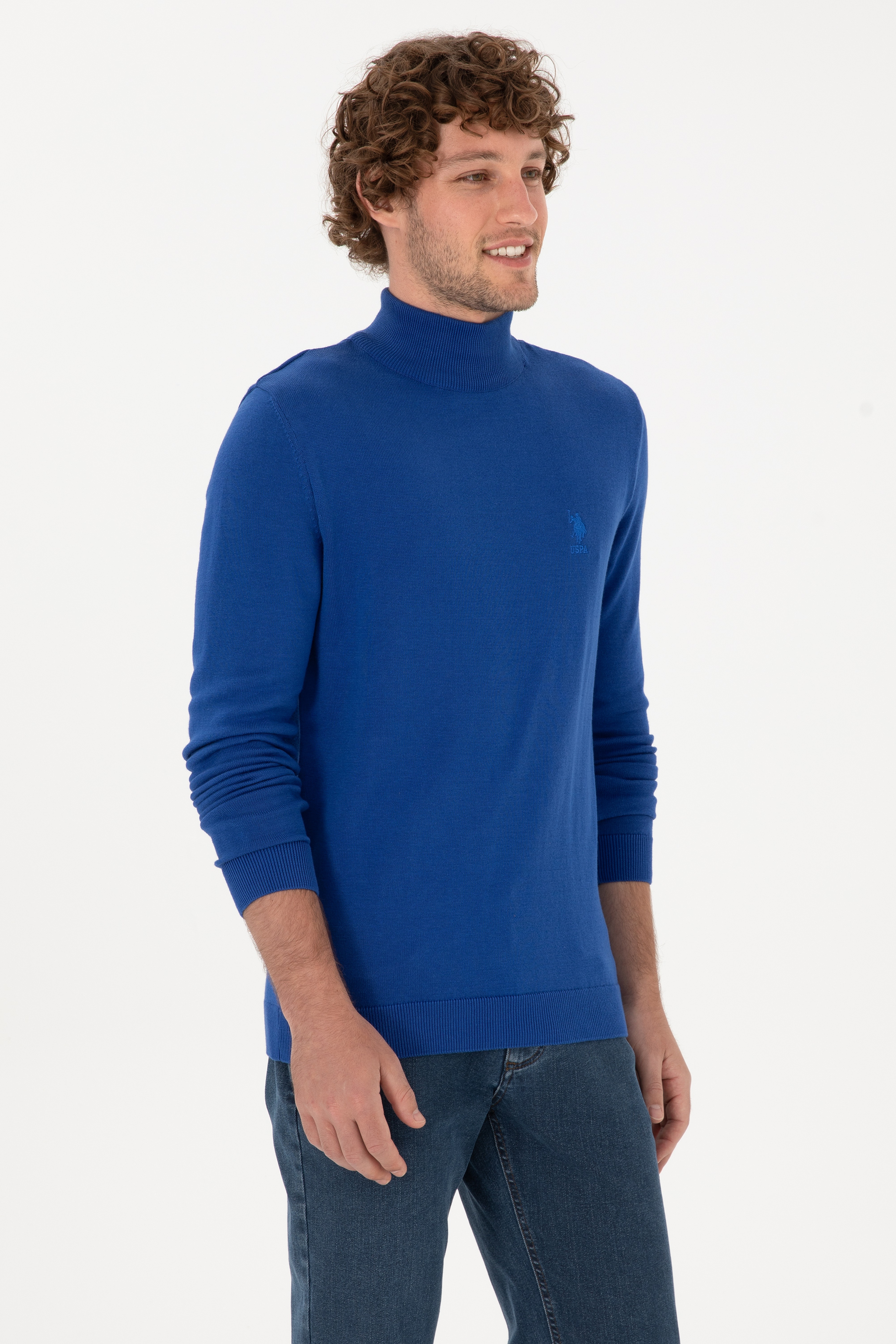 Erkek Slim Fit Yarım Balıkçı Yaka Saks Kazak - Image 3