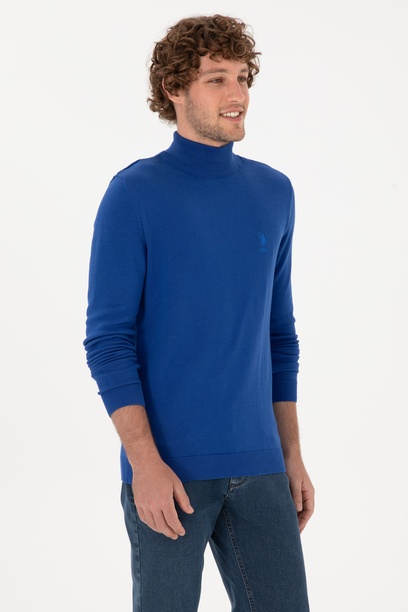Erkek Slim Fit Yarım Balıkçı Yaka Saks Kazak